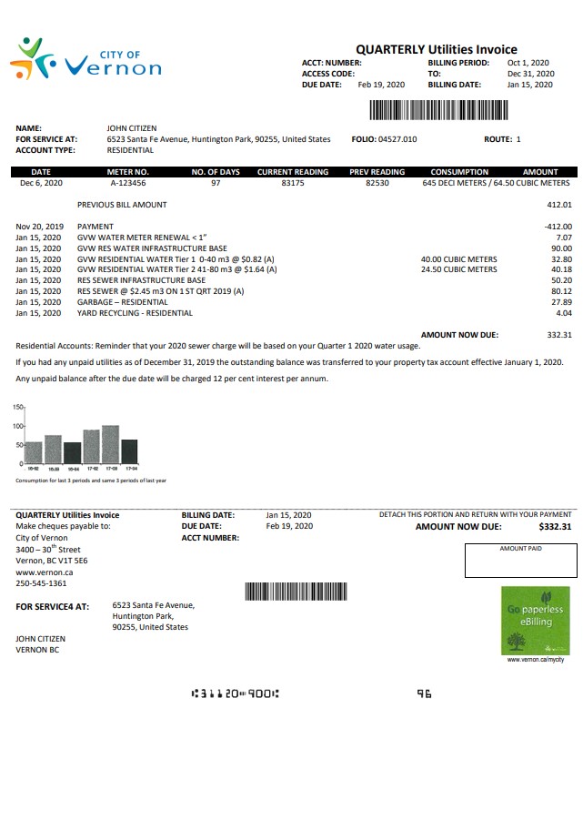 USA Canada City of Vernon water utility bill template in Word and PDF format